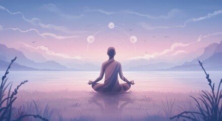 Serene meditator in contemplative pose with abstract spheres in nature