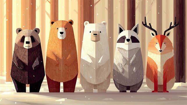 Fototapeta Five stylized animals stand in a snowy forest illustration.