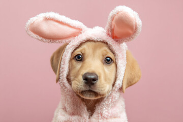 Puppy dressed in cute pink bunny costume posing against a pink background