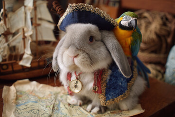 Rabbit dressed as a pirate with a parrot on its back stands on a treasure map near a ship model