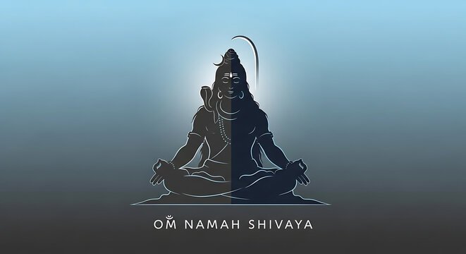 Spiritual Vector Illustration in Blue and Charcoal Featuring Meditative Shiva Silhouette &ndash; Om Namah Shivaya Typography, Minimal Flat Hindu Design