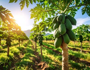 Lush papaya orchard under a vibrant sun