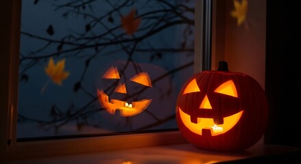 Lit jackolantern reflects in a window at night with falling leaves visible outside