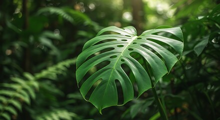 Large green leaf with holes in a lush tropical forest setting