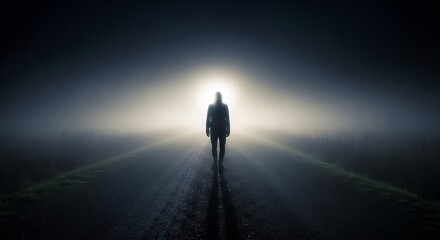 Silhouette stands on dark road bathed in bright light amidst fog