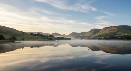 Serene mountain lake landscape with water reflection and morning mist
