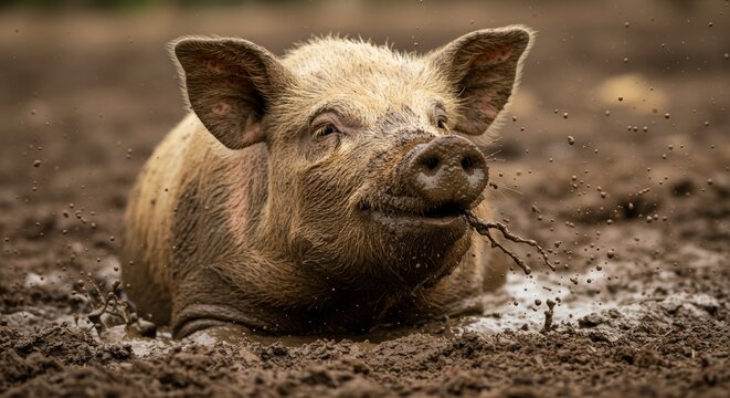 Joyful pig wallowing in mud for relaxation and refreshment on a farm