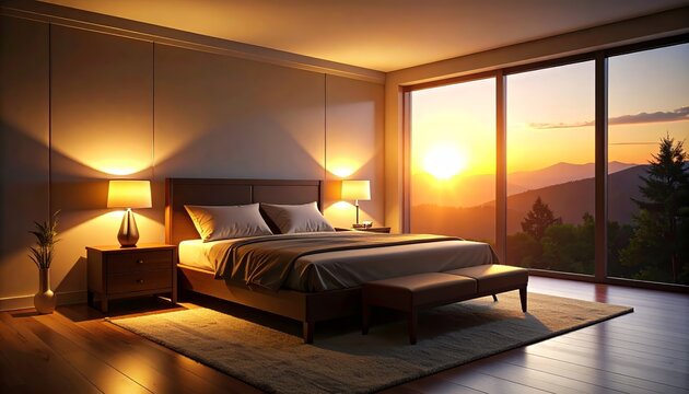 Serene bedroom with breathtaking sunrise view enhances restful ambiance and luxury
