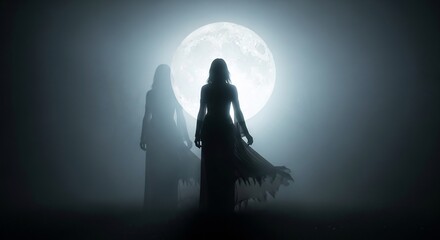 Two shadowy women stand before a large bright moon shrouded in mist