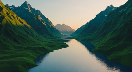 Serene mountain landscape with river flowing through lush green valley