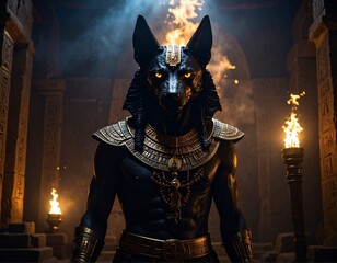 Powerful Egyptian God Anubis with Glowing Eyes in a Fiery, Torch-Lit Ancient Temple.