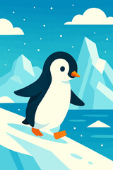Obraz premium A flat vector illustration of a curious penguin waddling on a snowy Antarctic slope