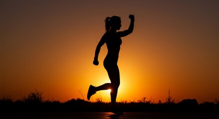 Silhouette of a woman jogging against a vibrant sunset backdrop captures motion and fitness