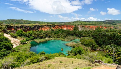 Vibrant Turquoise Lagoon Nestled in a Lush Jungle Below Red Clay Cliffs