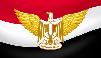 Waving Egyptian Flag with Golden Eagle of Saladin National Emblem