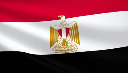 Waving national flag of Egypt with red, white, and black stripes and the golden Eagle of Saladin.
