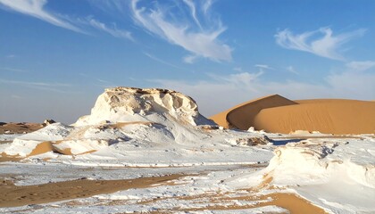 White Desert Landscape with Unique Chalk Formations and Golden Sand Dunes under Blue Sky