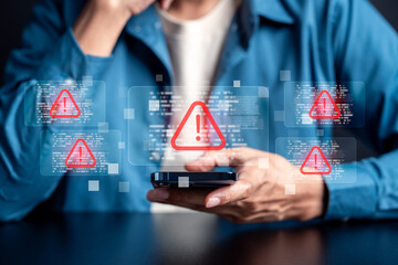 Cybersecurity warning concept with alert, data breach risk, malware attack, and online security threats in digital technology environment.