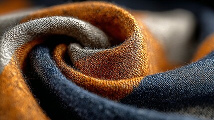 Close-up of a folded textile showing a swirl of orange gray and blue.