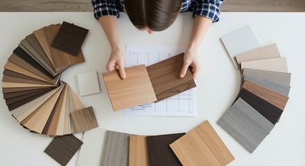 Person selecting wood samples for interior design project overhead view