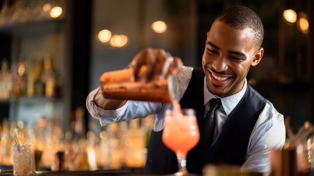 Bartender skillfully mixing cocktails at upscale lounge during evening hours