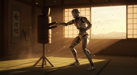 A metallic robot practices martial arts in a traditional dojo, showcasing dynamic movement and focused concentration.