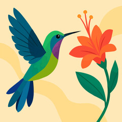 Obraz premium A flat vector illustration of a vibrant hummingbird hovering near a tropical flower