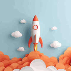 Digital vector illustration of a startup rocket launching into clouds representing ambition futuristic growth technology and entrepreneurship