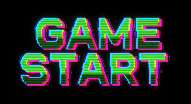 Glitch Style Game Start Text with Neon Colors and Digital Effect
