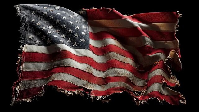 A worn and tattered American flag waves against a black background, symbolizing resilience, history, and patriotism.