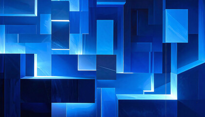 青系のオブジェクトで作られた正方形と線の抽象的な背景。テクノロジー、ビジネス向けのデジタルテンプレート。Abstract background of squares and lines made of blue objects. Digital template for technology, business.