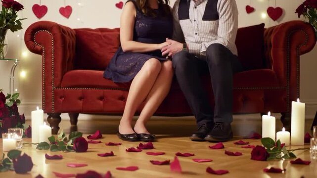 Couple sitting on a couch surrounded by roses and heart decorations