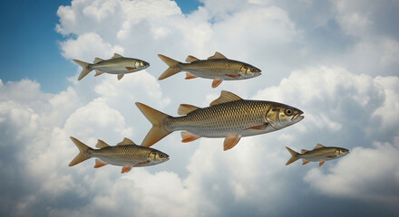 A surreal scene of fish swimming in the sky amidst fluffy clouds, creating a whimsical and unexpected juxtaposition of natures elements