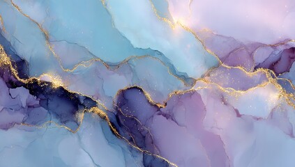 Luxury alcohol ink background with ethereal fluid blue, teal, and violet marble texture and gold metallic veins
