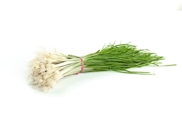 Fresh Green Onions Scallions Bundle with Roots on White Background © NguyenThi