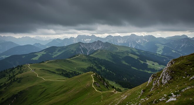 Rolling green hills under a dramatic cloudy sky mountain landscape