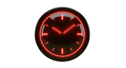 Red neon clock indicating time isolated on transparent background