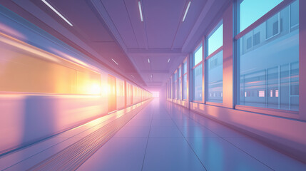 Soft pastel gradient station interior with motion-trail train and lens flare, stylized architectural focus