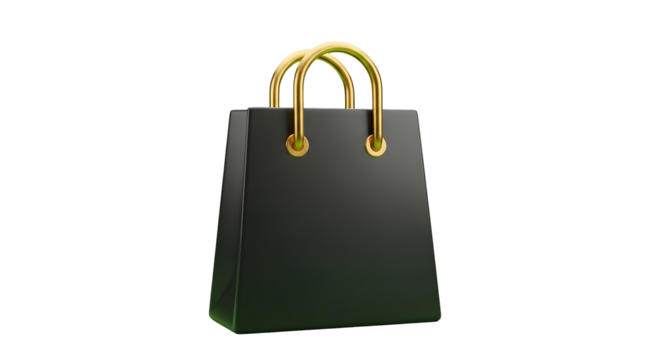 Black shopping bag with golden handles isolated on transparent background