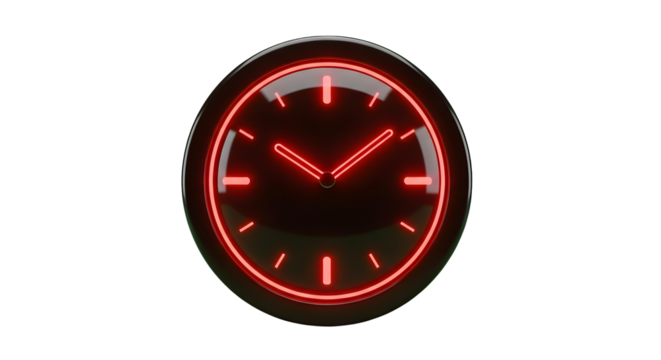 Red neon clock indicating time isolated on transparent background