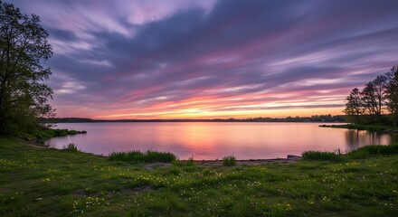 Serene sunset over lake with colorful sky and reflecting water