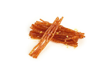 Spicy Beef Jerky Sticks with Chili Seasoning on White Background
