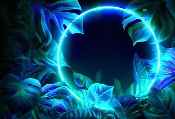 Dark futuristic tropical background with intensely glowing blue neon circle frame and jungle leaves in violet light