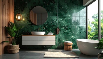 Modern bathroom with dark green marble wall, wooden accents, and freestanding tub