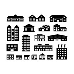 Modern home vector silhouette icon set, residential house symbols, real estate Line Icons, Building flat vector Icons illustration on transparent and editable logo with black logo white background