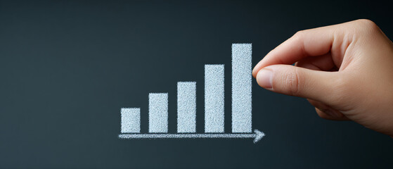 Hand Adding The Final Bar To A Growing Graph. Concept Of Achieving Business Success, Performance Growth, Financial Goals, And Investment Strategy.;