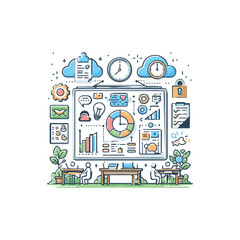 Illustrative workspace with charts and collaboration tools