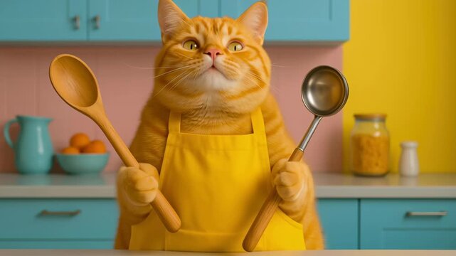 Cheerful orange cat yellow apron holding wooden spoon and metal ladle, playful cooking scene colorful kitchen with blue cabinet, cheerful domestic