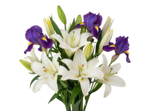 Beautiful bouquet of white lilies and purple irises for a special occasion