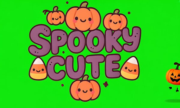 Spooky Cute Halloween text graphic with cartoon pumpkins and candy corn. Fun seasonal design on green screen.
